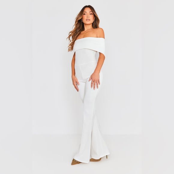 PrettyLittleThing White Off-Shoulder Jumpsuit - Picture 1 of 6